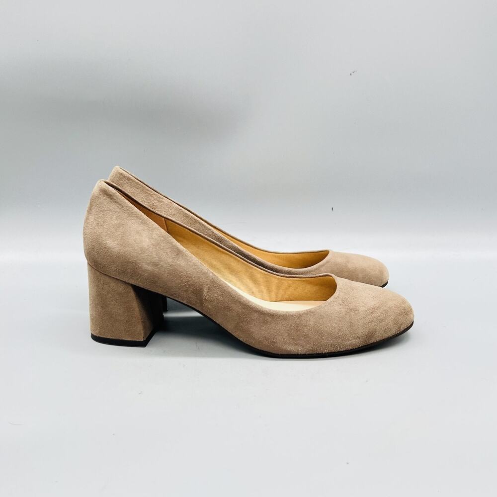 FS/NY Shoes Womens 8 Beige Suede Leather Block Heel Pumps Round Toe Slip On